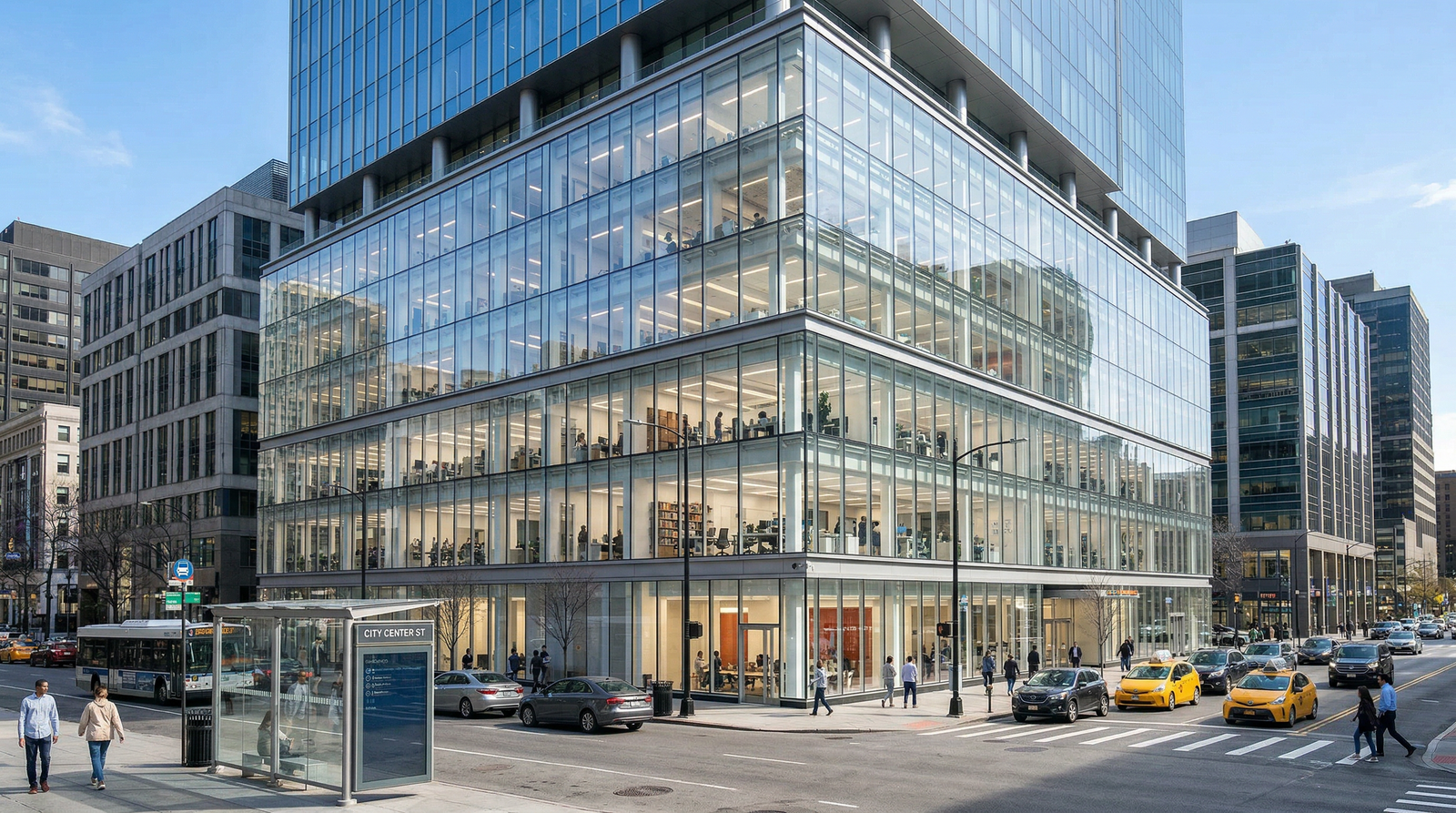 GenVue Motion Clear+ — crystal-clear transparent glass facade by day