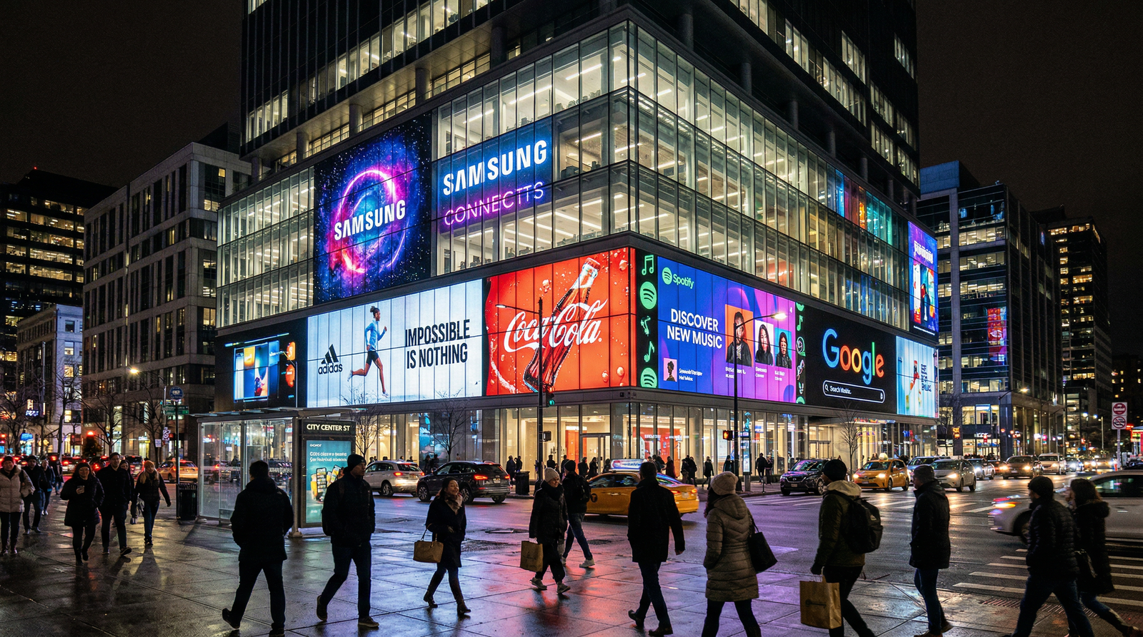 GenVue Motion — LED content display glowing on building facade at night