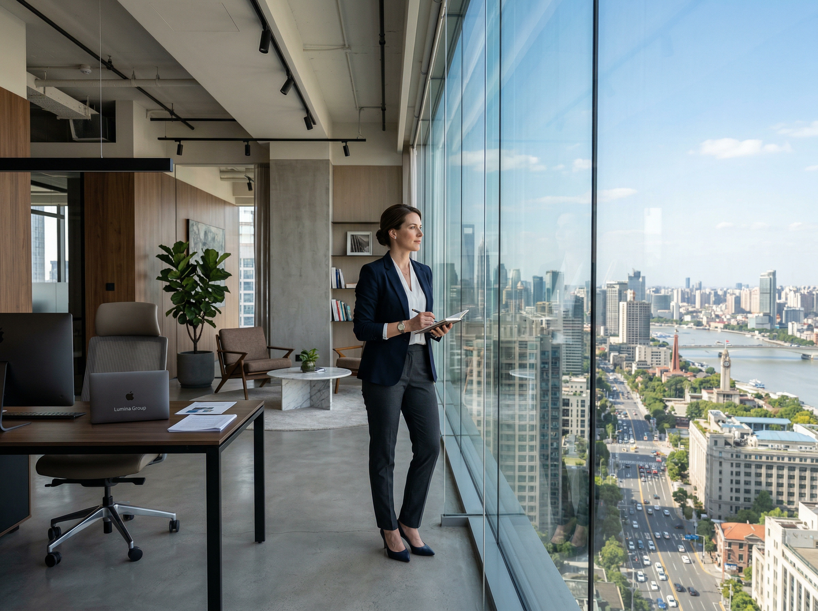 Clear glass — person fully visible, open city view